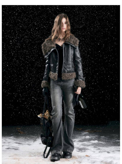 Leather-Trimmed Patchwork Pleated Jeans【s0000014424】