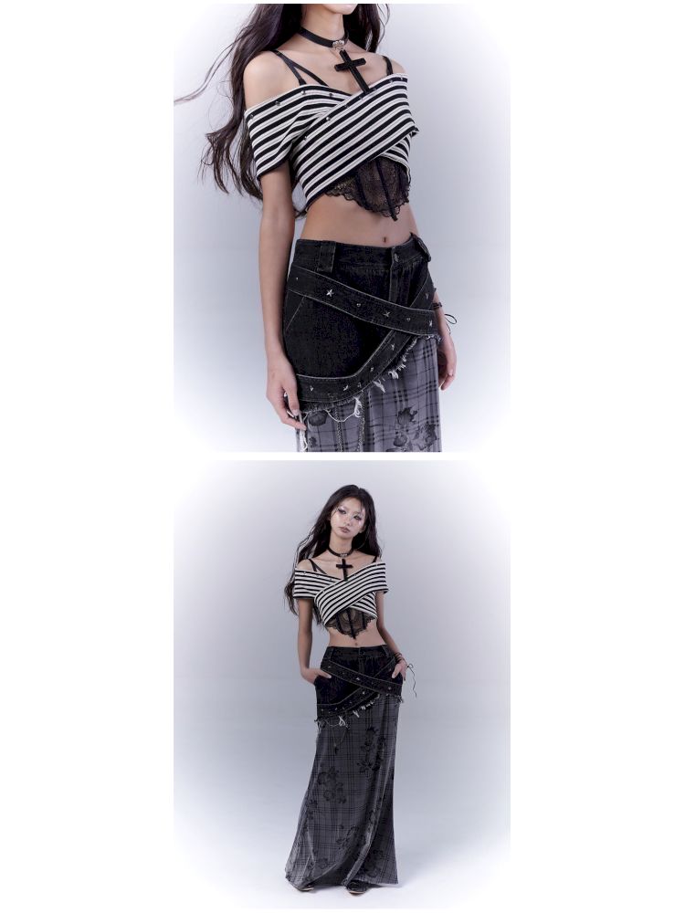 One-shoulder striped hot bustier top【s0000012839】