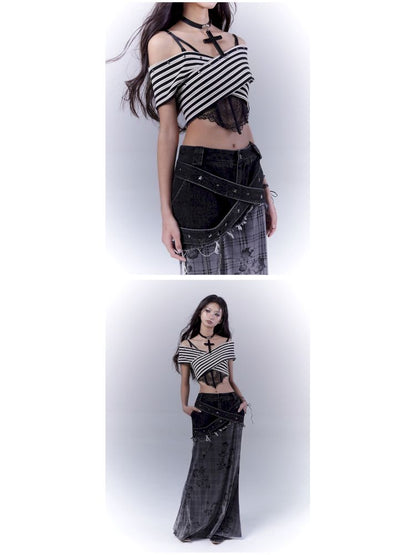 One-shoulder striped hot bustier top【s0000012839】