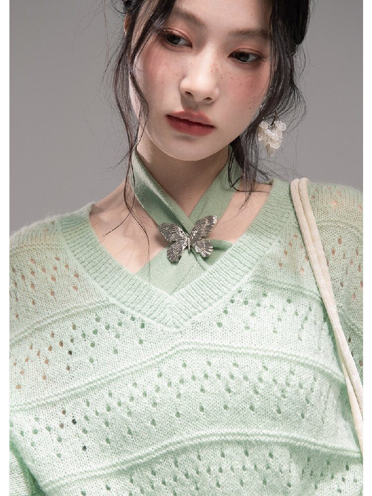 Openwork Woolen Halterneck Set【s0000015746】