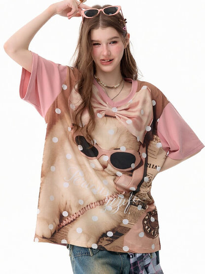 Wave Cat Print Loose Short Sleeve T【s0000017670】