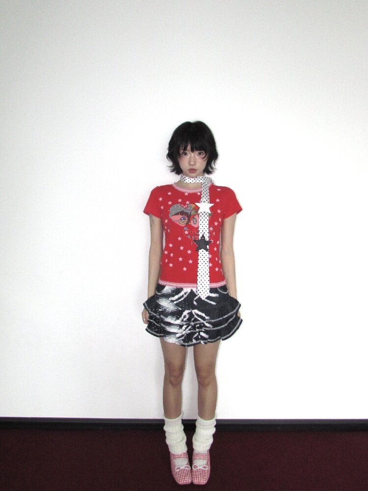 Lace Cotton Mini Print Short Top【s0000018656】