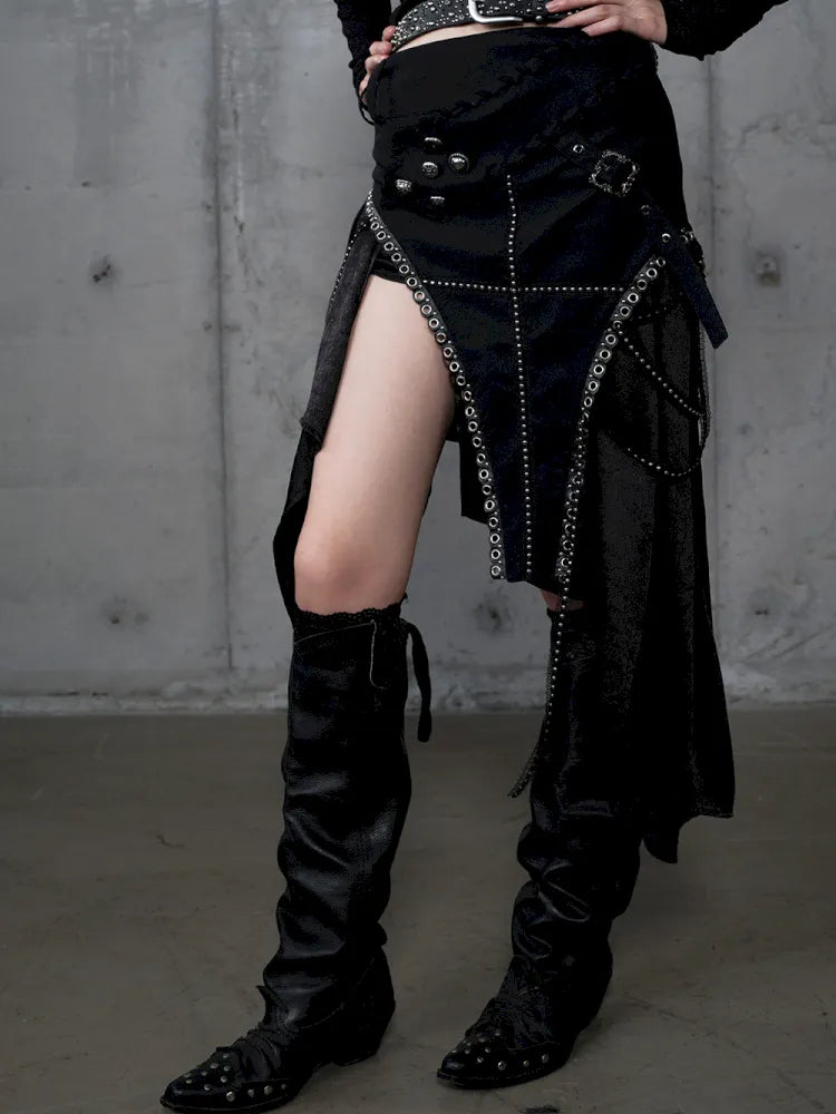 Asymmetric Leather-Satin Skirt【s0000013944】