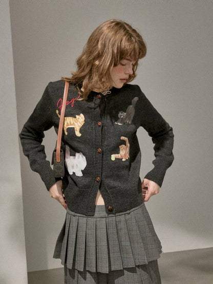 Playful Kitten Print Knit Cardigan【s0000014395】