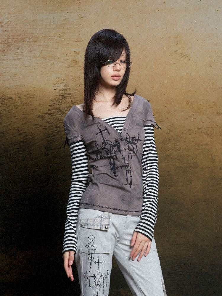 토템 크로스 인쇄 긴 슬리브 티셔츠 [S0000011819]