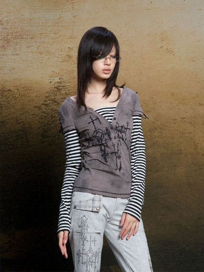 토템 크로스 인쇄 긴 슬리브 티셔츠 [S0000011819]