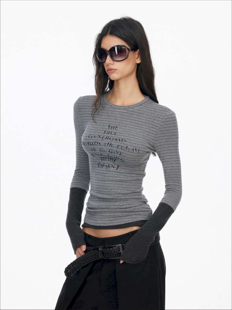 Fake Two-Piece Letter Print Slim Long-Sleeve T-Shirt【s0000014874】