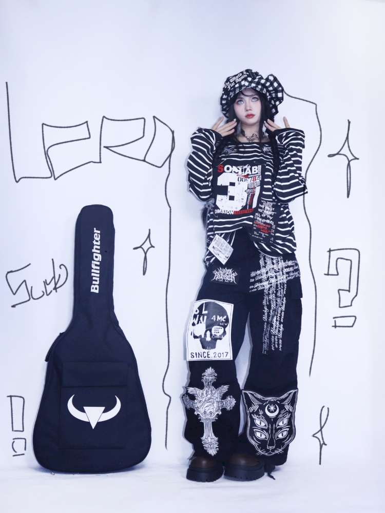 Y2K Punk Print Wide-Leg Jeans【s0000014627】