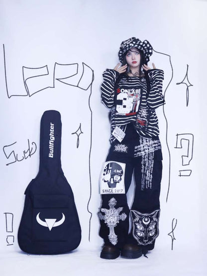 Y2K Punk Print Wide-Leg Jeans【s0000014627】