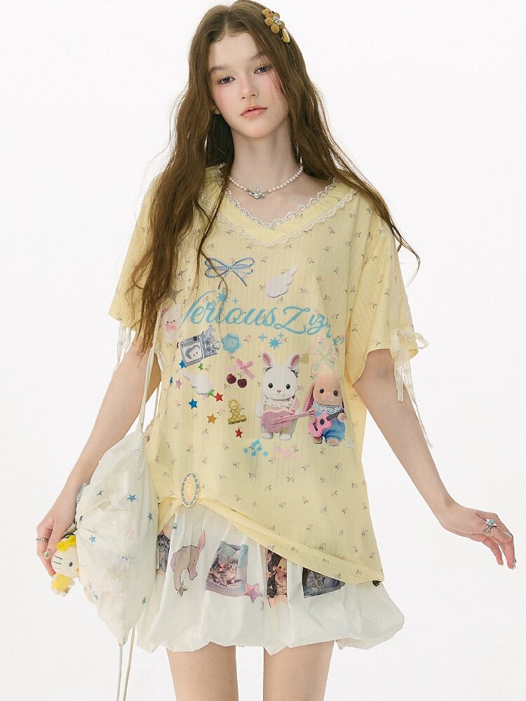 Childlike Cartoon Lace Floral T Shirt【s0000017156】