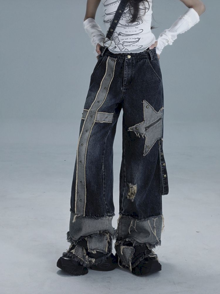Raw edge studded casual denim pants【s0000013481】