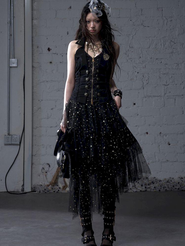 Slimming faux two-piece vest halter top【s0000012798】