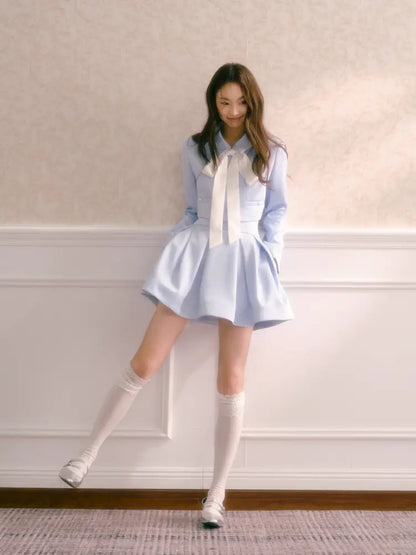 Tie-Front Short Jacket with High-Waisted Structured Pleated Puffy Skirt【s0000014341】