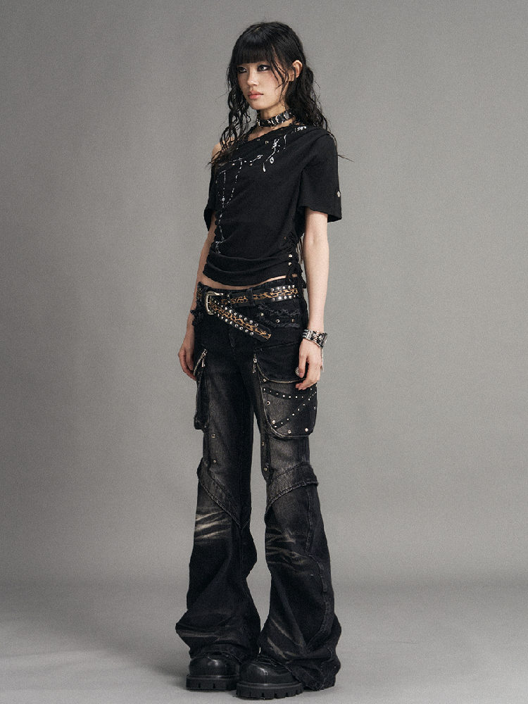 Punk Heavy Work Washed Flared Jeans【s0000017535】