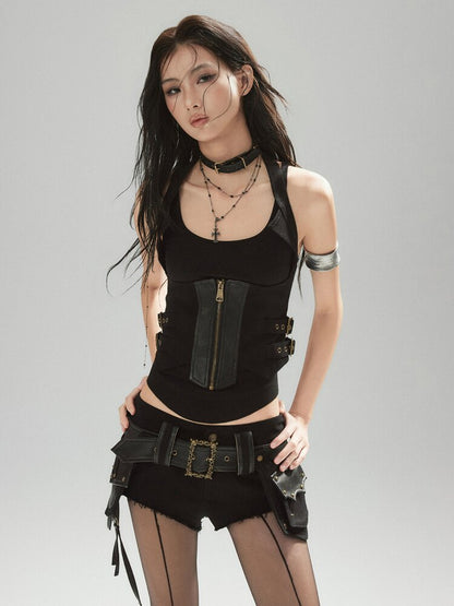 Black Deconstructed Leather Vest【s0000015603】