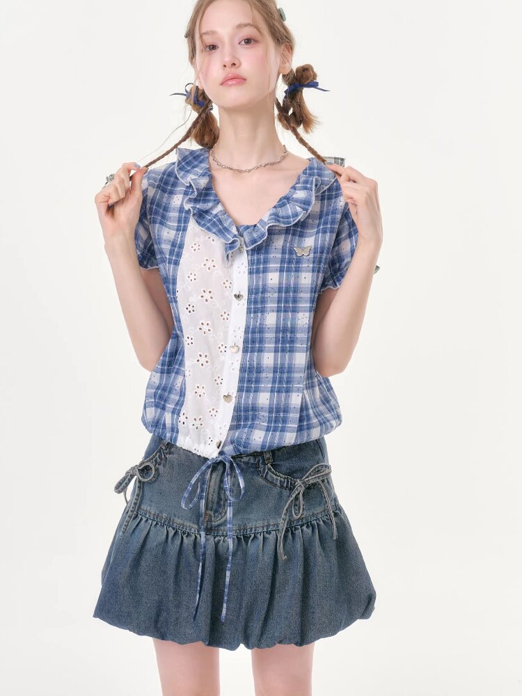 Plaid Splicing Hollow Shirt【s0000016618】