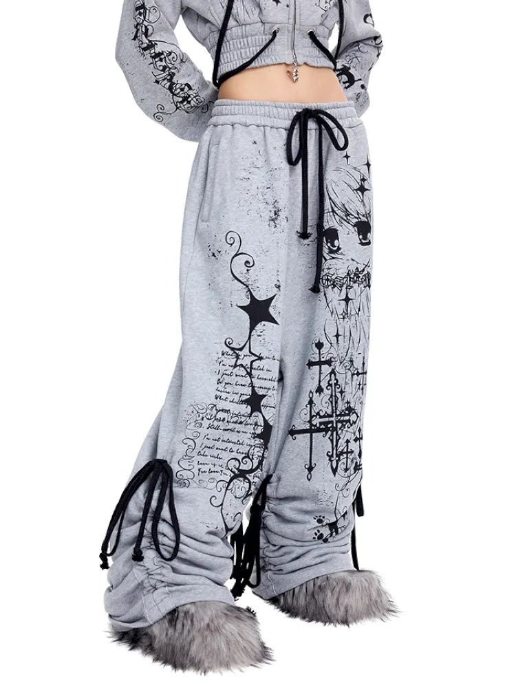 Doodle Print Puffy Drawstring Sweatpants【s0000014092】