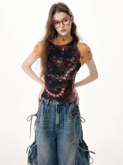 Star Cat Print Pleated T Shirt【s0000017314】