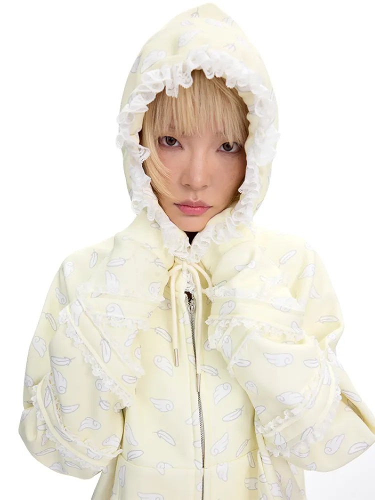 Wing Feather Print Lace-Trim Hoodie【s0000014096】