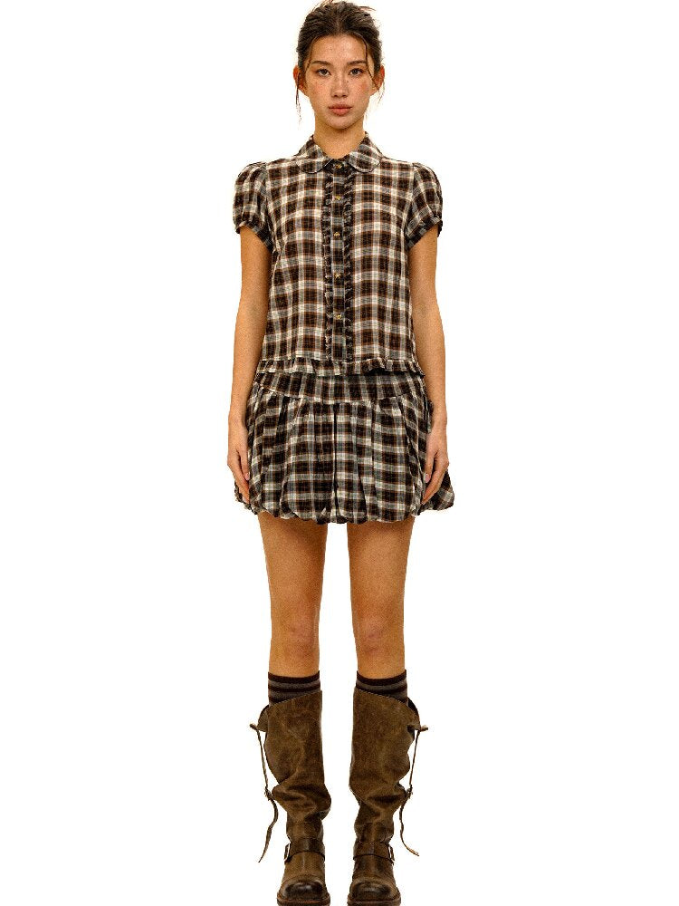 Color Block Plaid Shirt Mini Skirt【s0000017906】