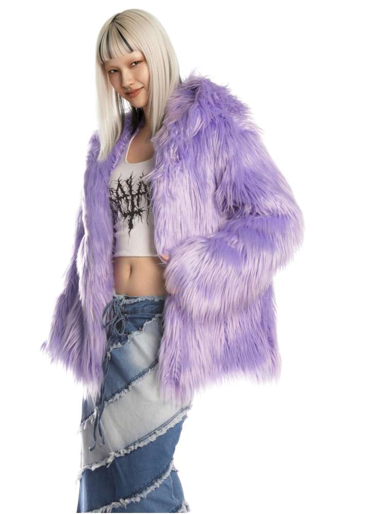 White Light Purple Fur Hooded Jacket【s0000014909】