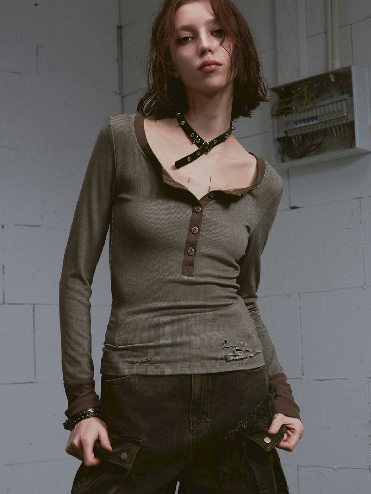 Henley Collar Knit T-Shirt【s0000011850】