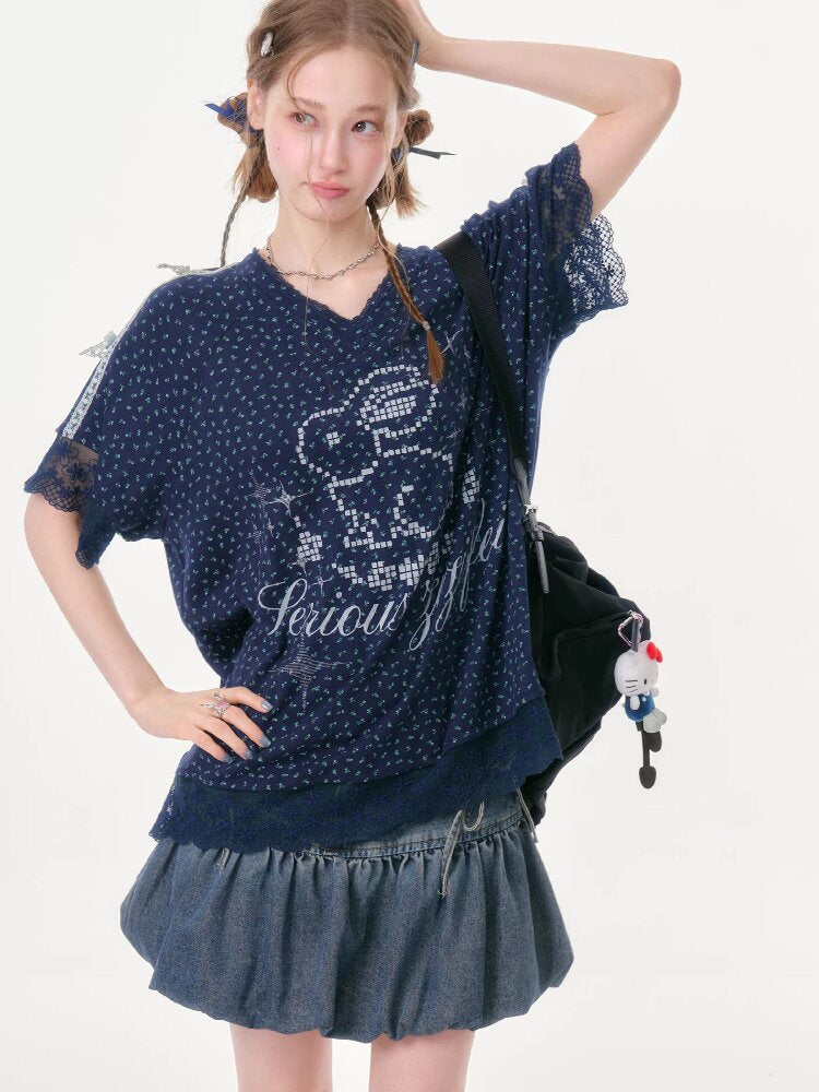 Dark Blue Rabbit Floral Lace T-Shirt【s0000016602】