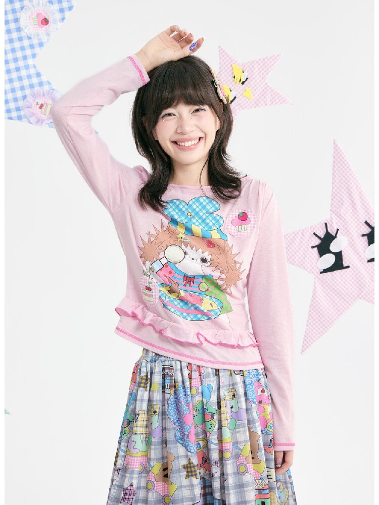 Pink Illustration Lace Long Sleeve T-Shirt【s0000018373】