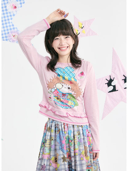 Pink Illustration Lace Long Sleeve T-Shirt【s0000018373】