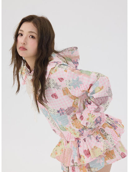 Pink Lace Print Collar Coat Suit【s0000016192】