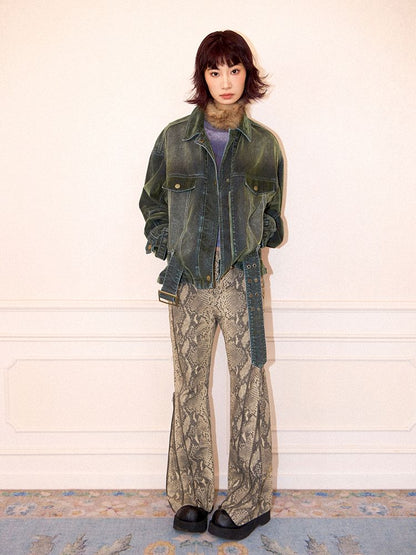 Loose Green Flocked Denim Jacket【s0000011638】