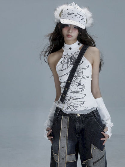 White Skinny Neck Tank Top【s0000013487】