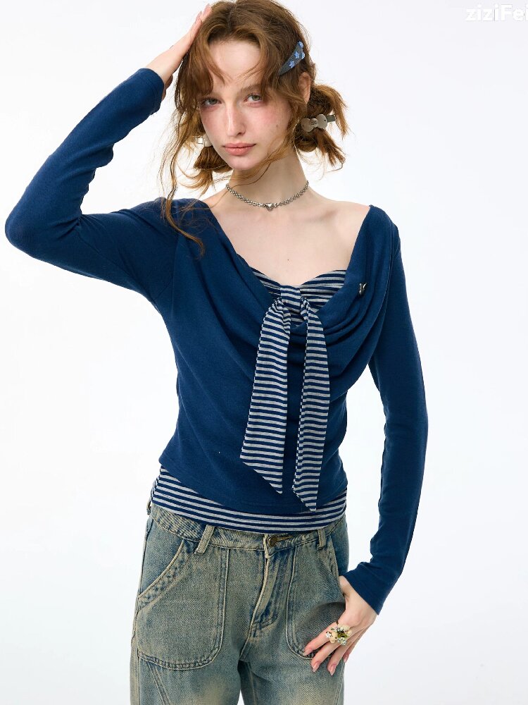 Striped Tie Knit Top Long Sleeve【s0000017880】