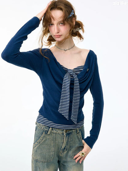 Striped Tie Knit Top Long Sleeve【s0000017880】