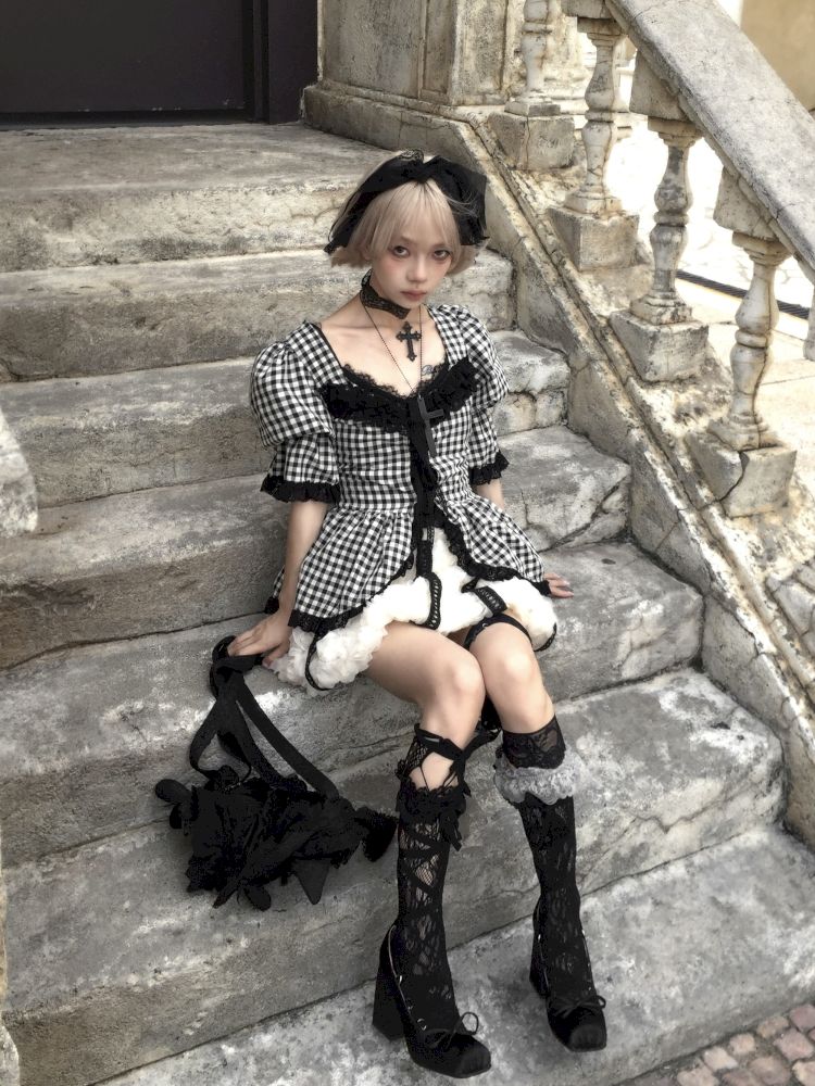 Plaid Lace Tie Bubble Sleeve Rose Set【s0000012437】