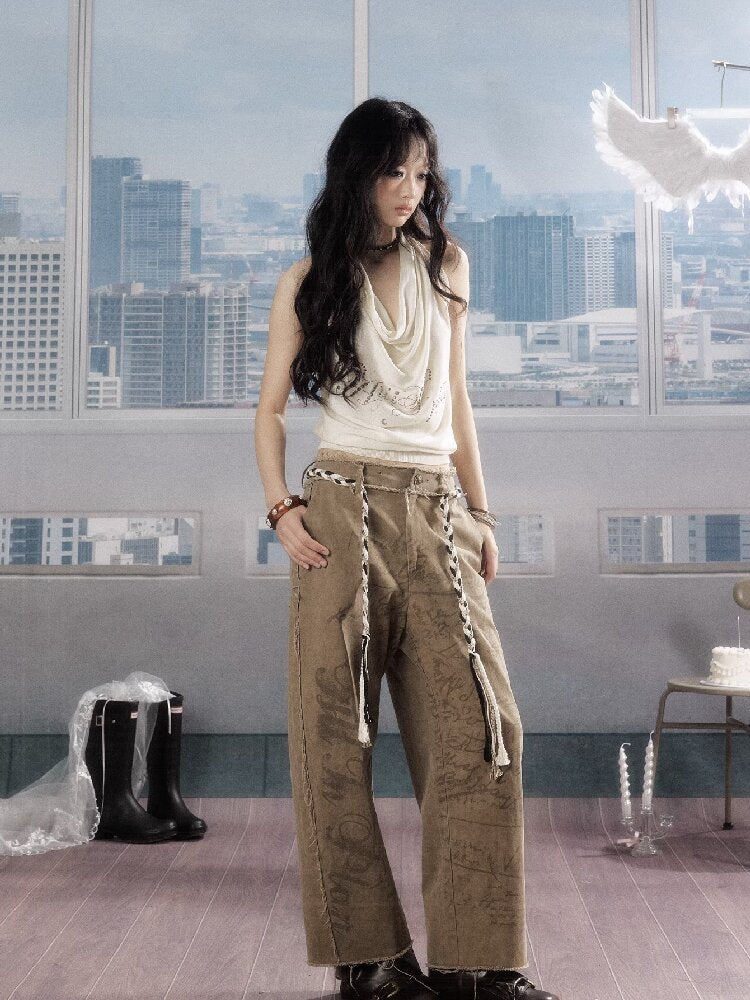 Retro Light Asian Letter Print Slacks【s0000016523】