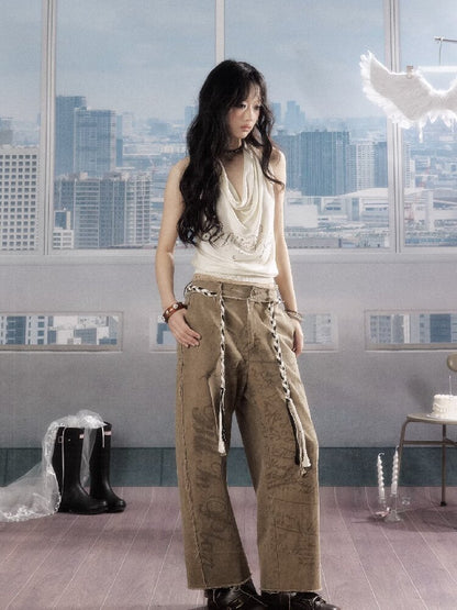 Retro Light Asian Letter Print Slacks【s0000016523】