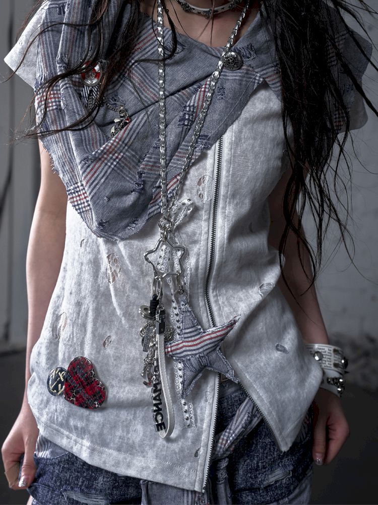 Faux two-piece distressed short-sleeved T-shirt【s0000012790】
