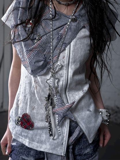 Faux two-piece distressed short-sleeved T-shirt【s0000012790】