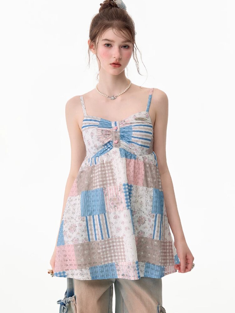 Color-Blocked Floral Plaid Tank Top【s0000017674】