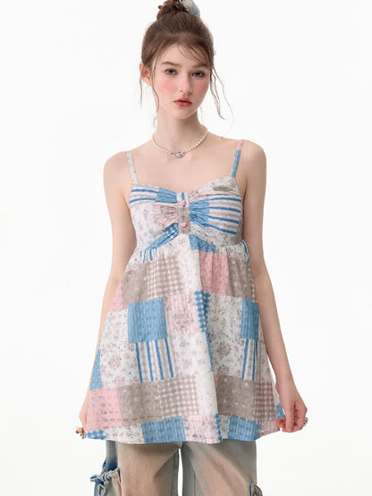 Color-Blocked Floral Plaid Tank Top【s0000017674】