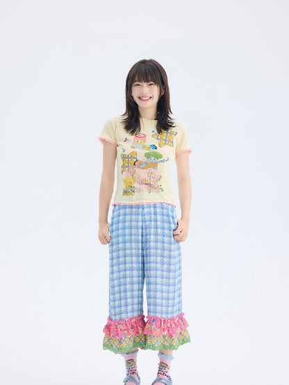 Plaid Patchwork Lace Cropped Pants【s0000017697】