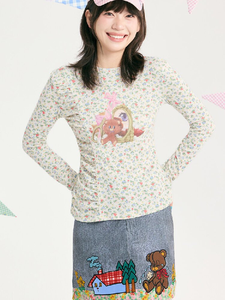 Floral Bear Stretchy Long Sleeve Top【s0000018725】