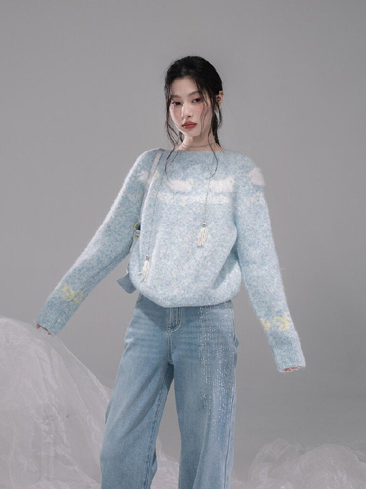Blue One-Shoulder Jacquard Sweater【s0000015736】