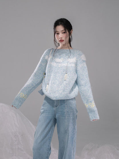 Blue One-Shoulder Jacquard Sweater【s0000015736】