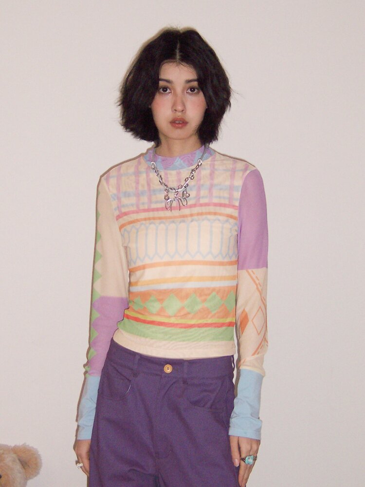 Geometric Print Skin Long Sleeve Tee【s0000015458】