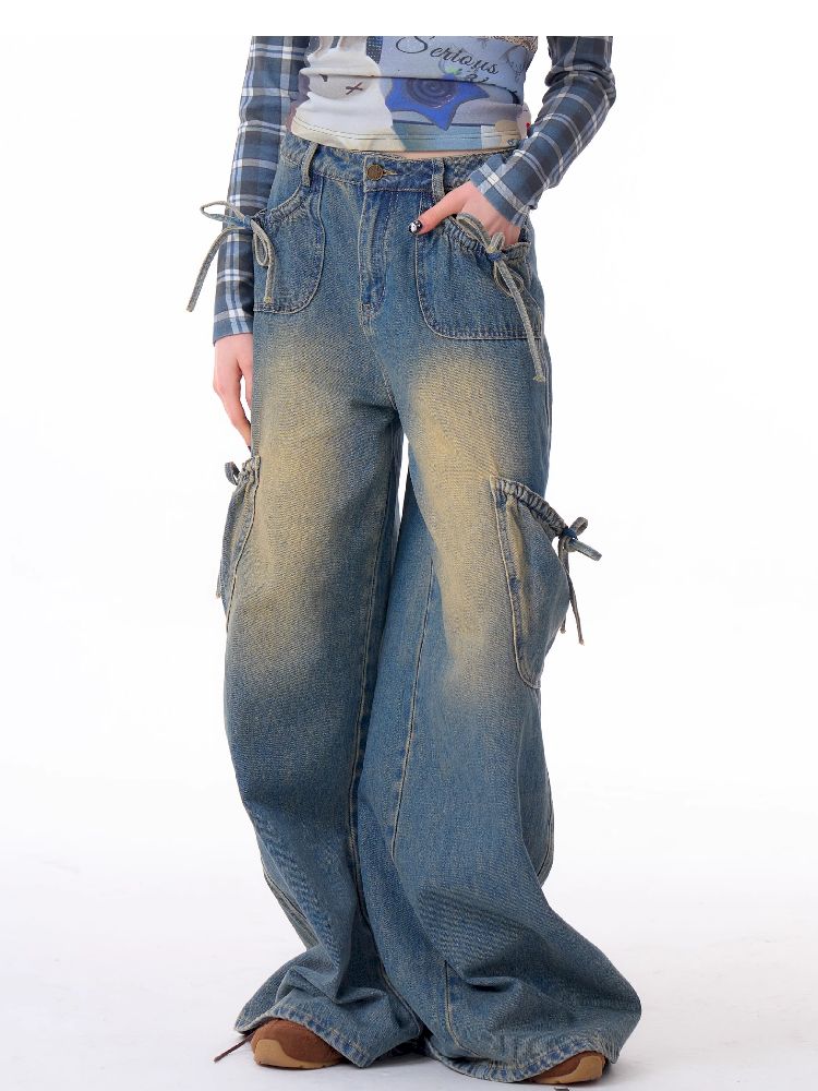 Bowknot High Waist workwear Denim Pants【s0000011675】