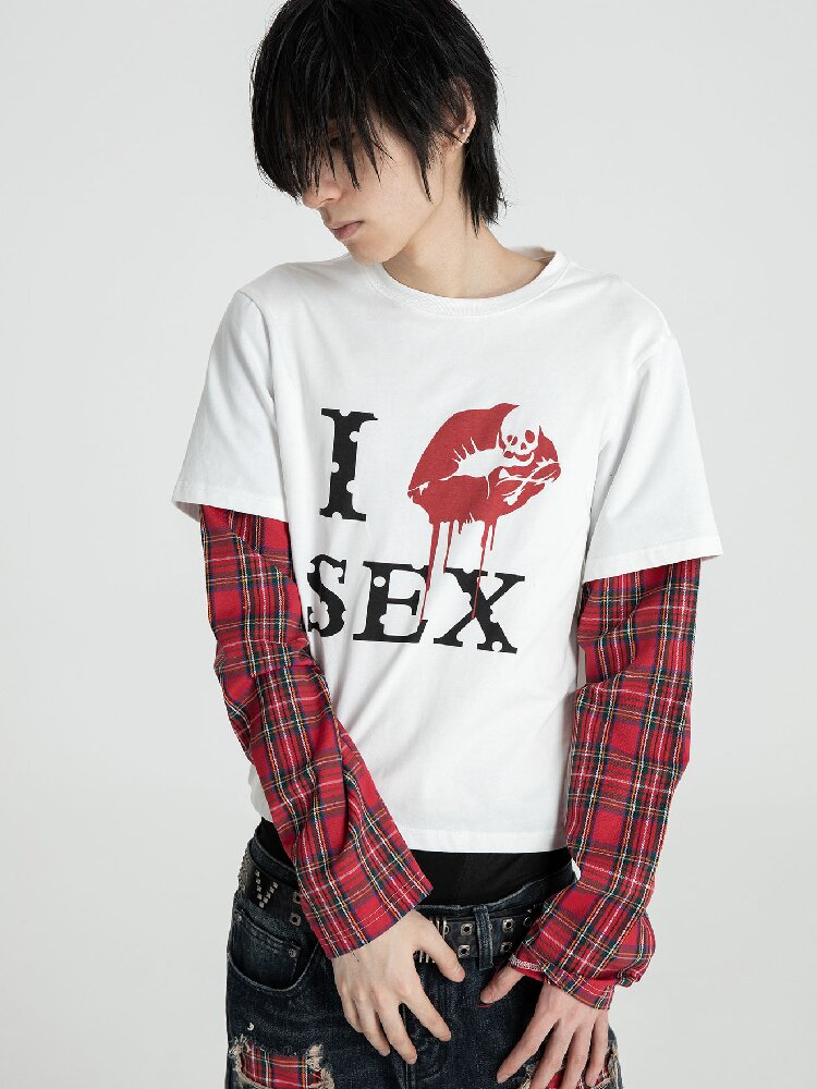 Red Plaid Patchwork Long T-Shirt【s0000018566】