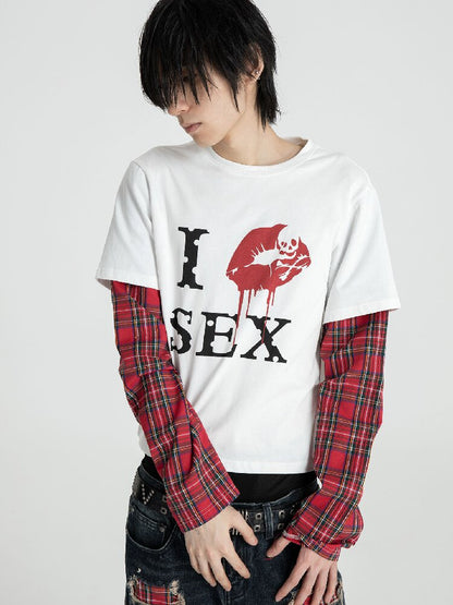 Red Plaid Patchwork Long T-Shirt【s0000018566】