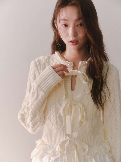 Crochet-Tied Bow Short Knit Cardigan【s0000014611】